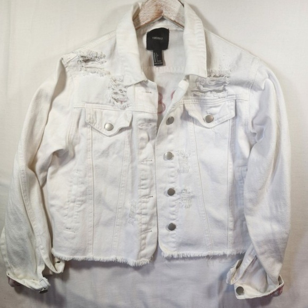 Forever 21 White Distressed Denim Jacket Heart Smiley Peace Embroidered Large